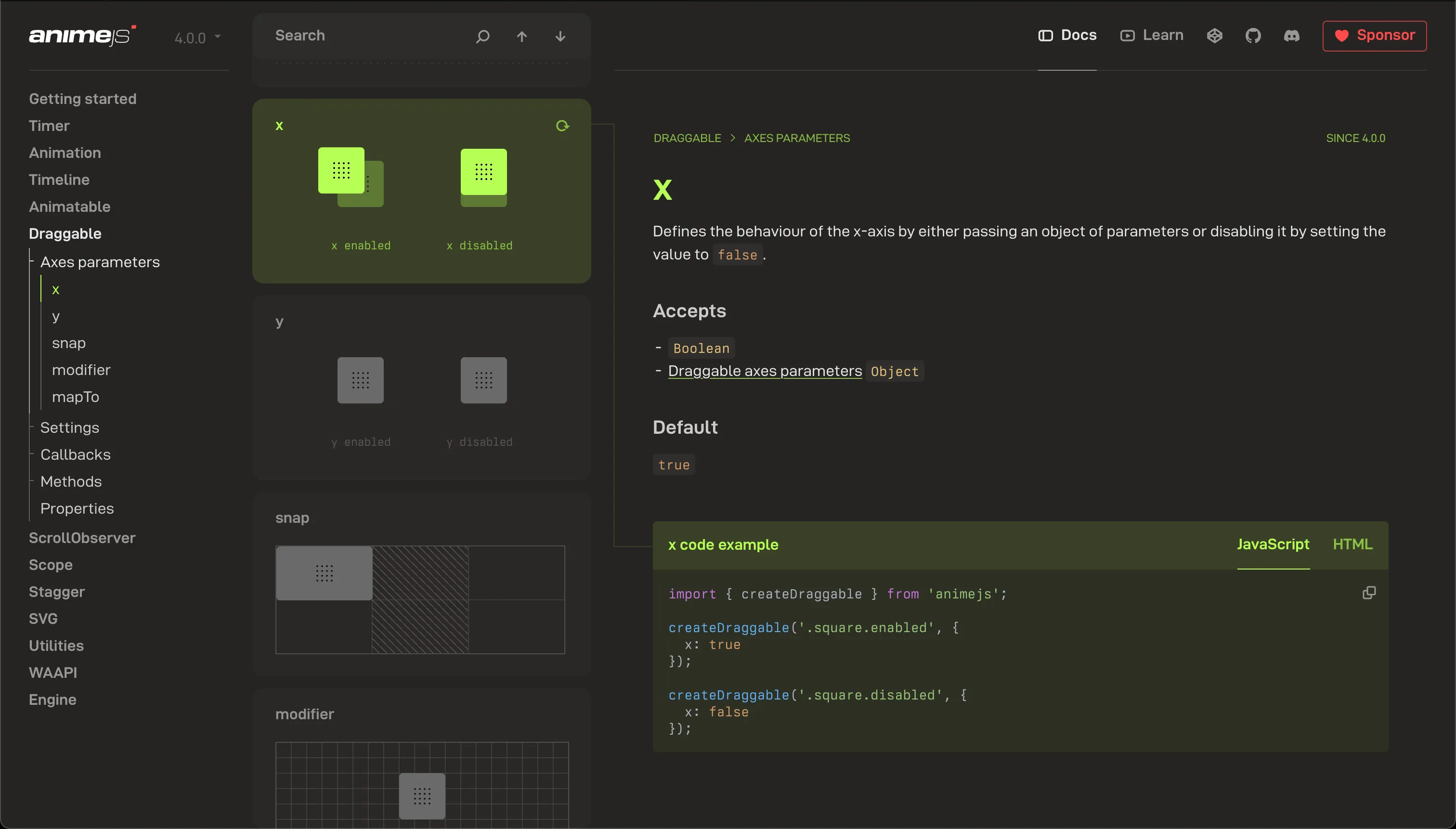 The documentation page for Anime.js