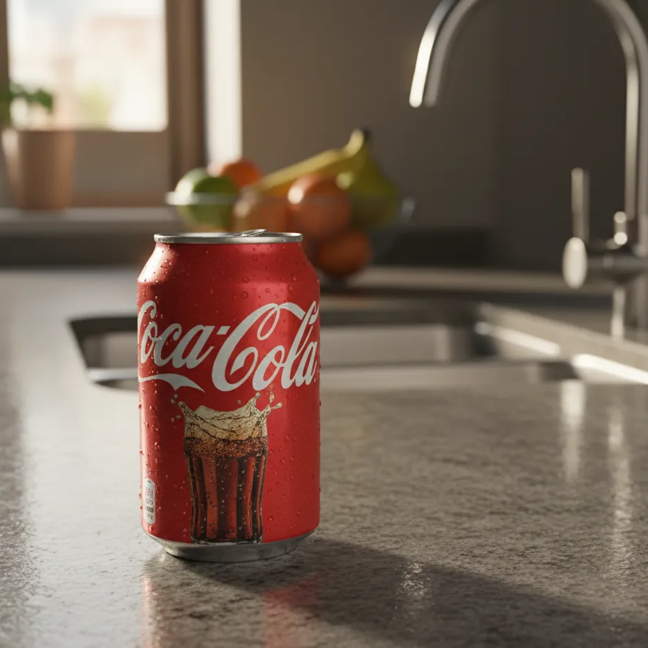 An image of a can of Coca-cola, sitting on a kitchen counter