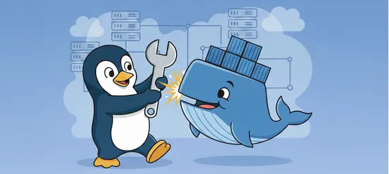 Tux, the Linux mascot, hitting the Docker whale mascot with a wrench