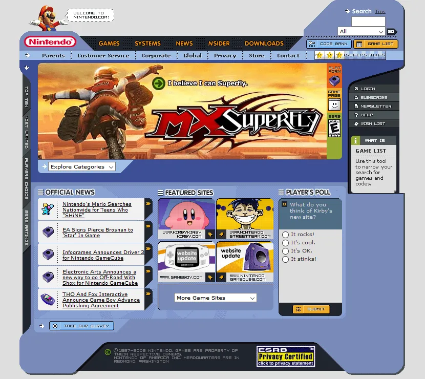 The homepage of Nintendo.com in 2002