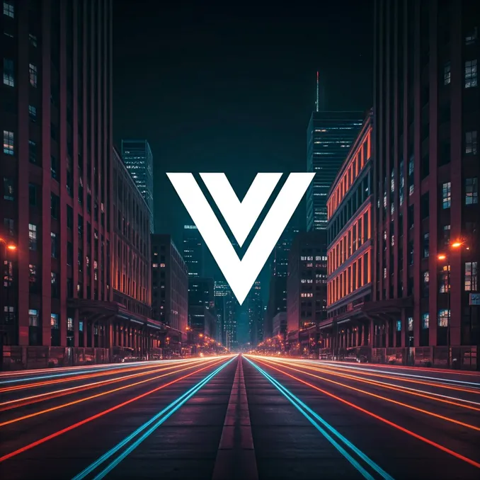 Vue logo against a background of a city street at midnight