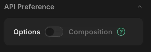 A toggle, shown on the Vue docs, between the API syntaxes for Vue